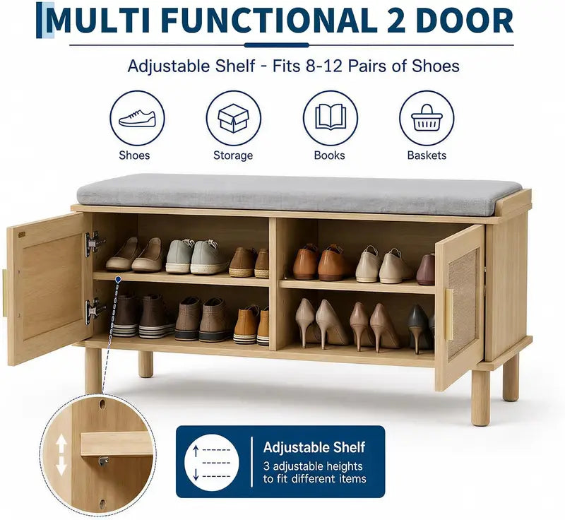 Entryway Shoe Storage Bench with Cushioned Seat and Multi-Layer Cabinet