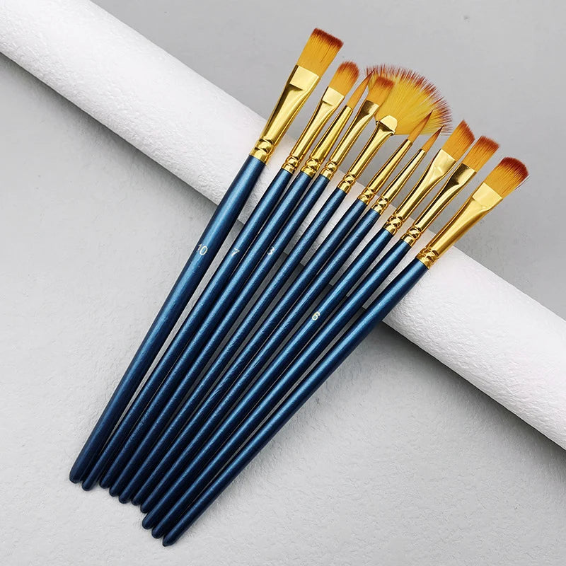 10pcs Watercolor Paint Brush Set with Wooden Handles for Art, Oil & Acrylic Painting