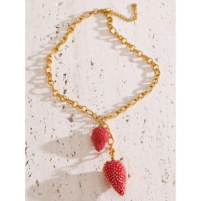 Waterproof Red Strawberry Charm Necklace for Women Stainless Steel Trend Jewelry