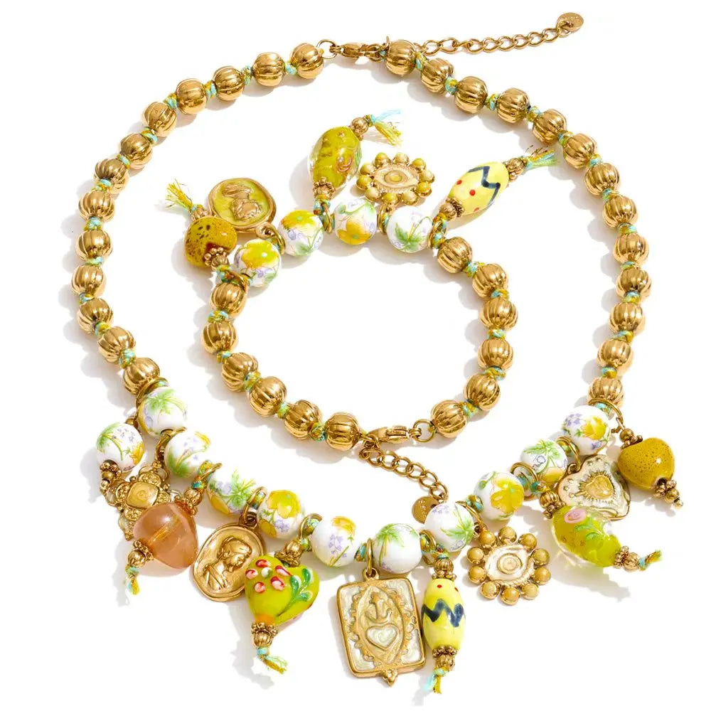 Vintage Jewelry Set with Beads Chain Ceramic Heart and Eye Drop Charm