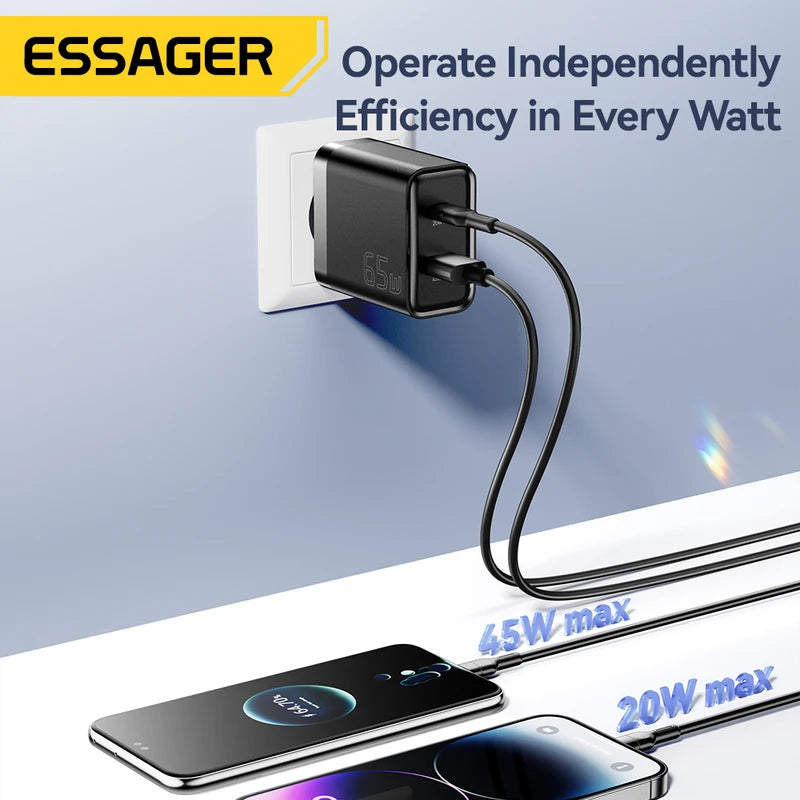 65W GaN Fast Charger USB-C Power Adapter for iPhone, Samsung, Xiaomi, MacBook