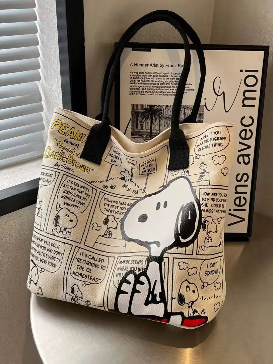 Large Capacity Snoopy Comic Canvas Tote Bag with Zipper | Eco Friendly Shopping Handbag for Students and Gifts