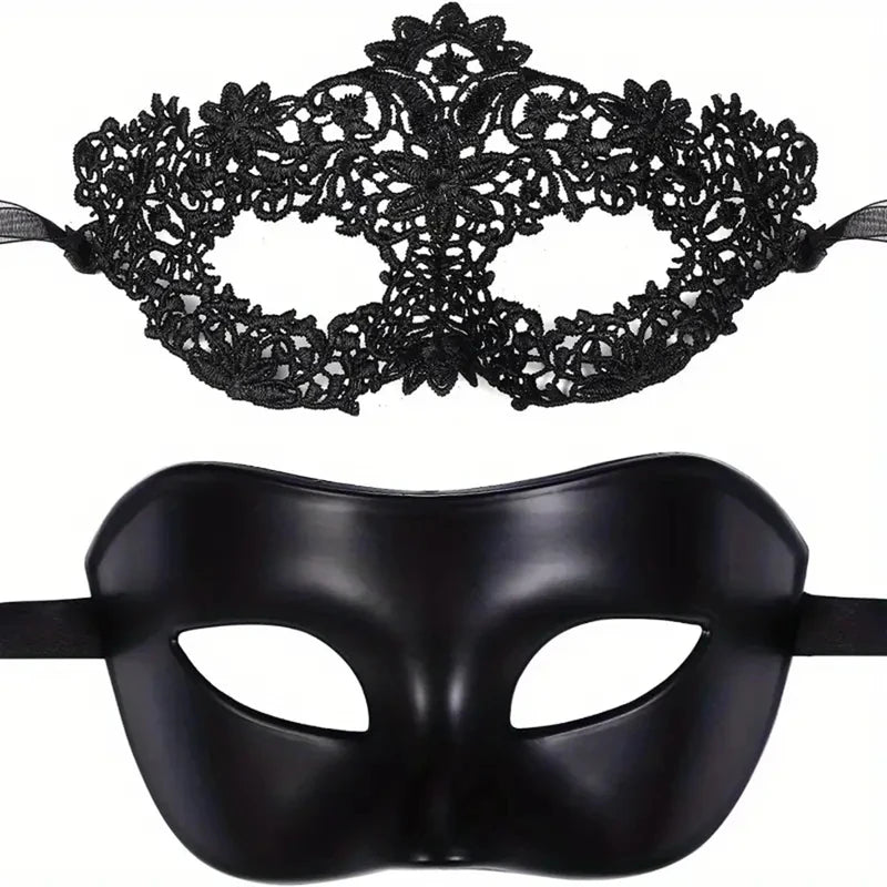 Elegant Black Lace Masquerade Mask Set for Couples - Venetian, Mardi Gras, Halloween