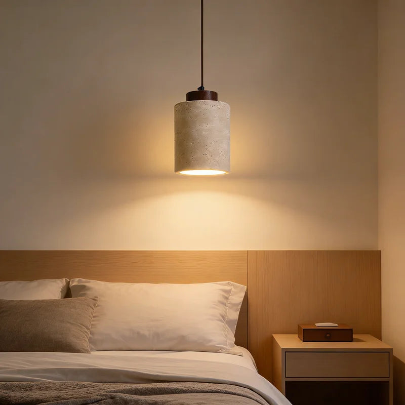 Japanese Style Stone Pendant Light with Travertine Suspension Ceiling LED Hanging Lamp