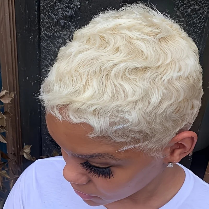 Human Hair Wig Short Wave Pixie Cut with Bangs - Layered, Full Machine Made