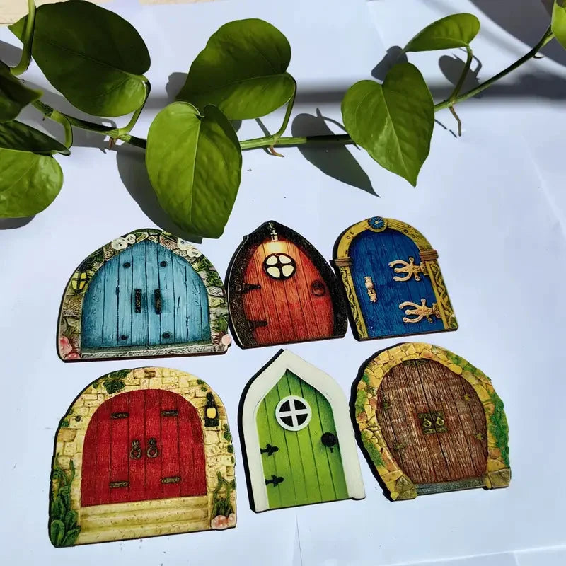 6PCS Wooden Fairy Garden Doors and Windows Set - Enchanting Dwarf Elf Miniatures for Outdoor & Indoor Decor