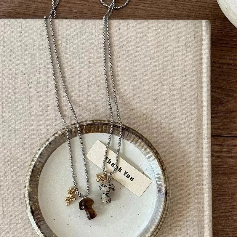 Spotted Tiger Eye Stone Mushroom Pendant Necklace with Versatile Chain for Women