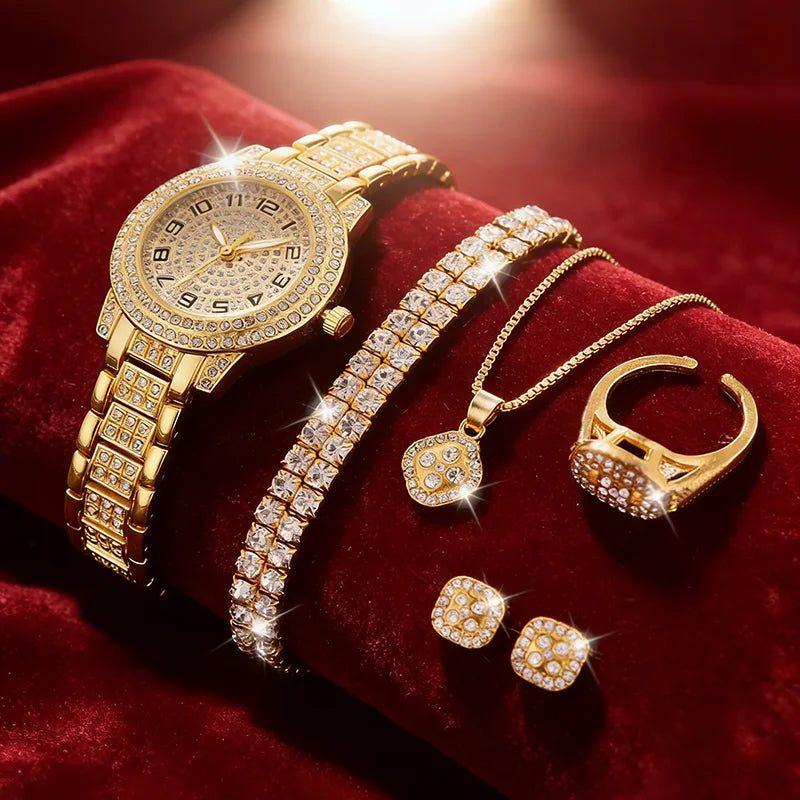 Women’s Gold Quartz Watch with Diamond Accents Elegant Bracelet Timepiece