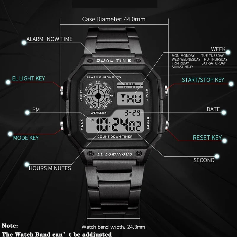 Men's Digital Sports Watch Waterproof LED Stainless Steel Strap Military Style