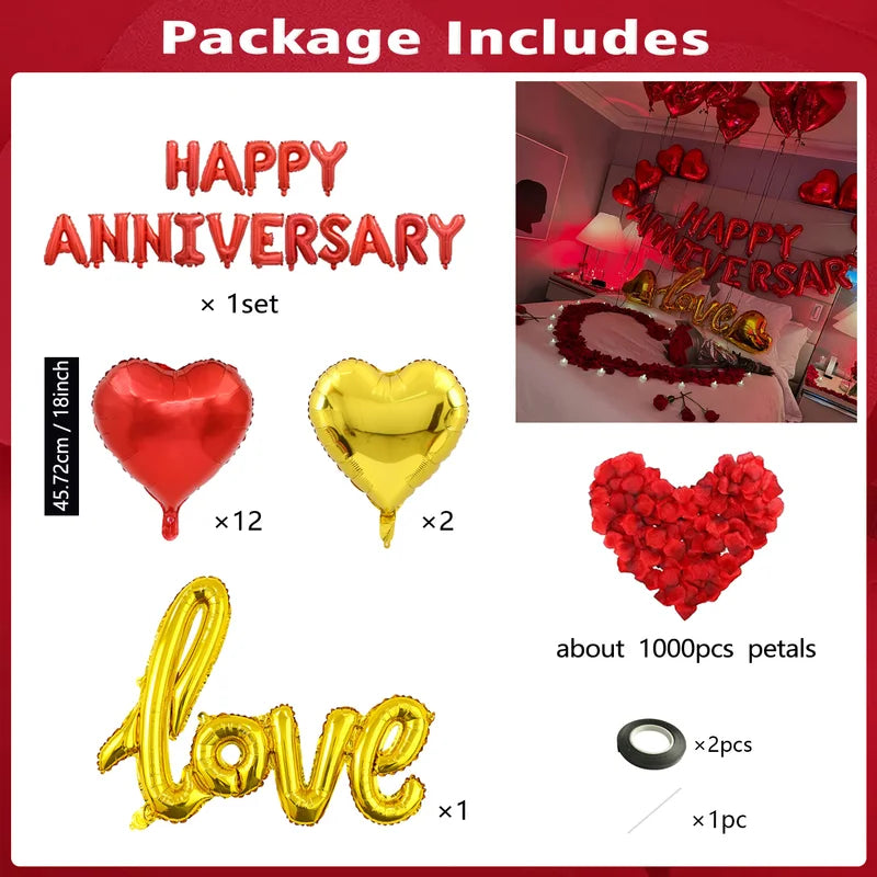 Anniversary Balloon Banner Rose Petals Decor for Wedding & Valentine