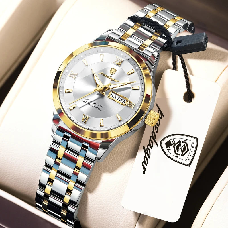 Women’s Quartz Waterproof Stainless Steel Watch with Luminous Dial and Date Function