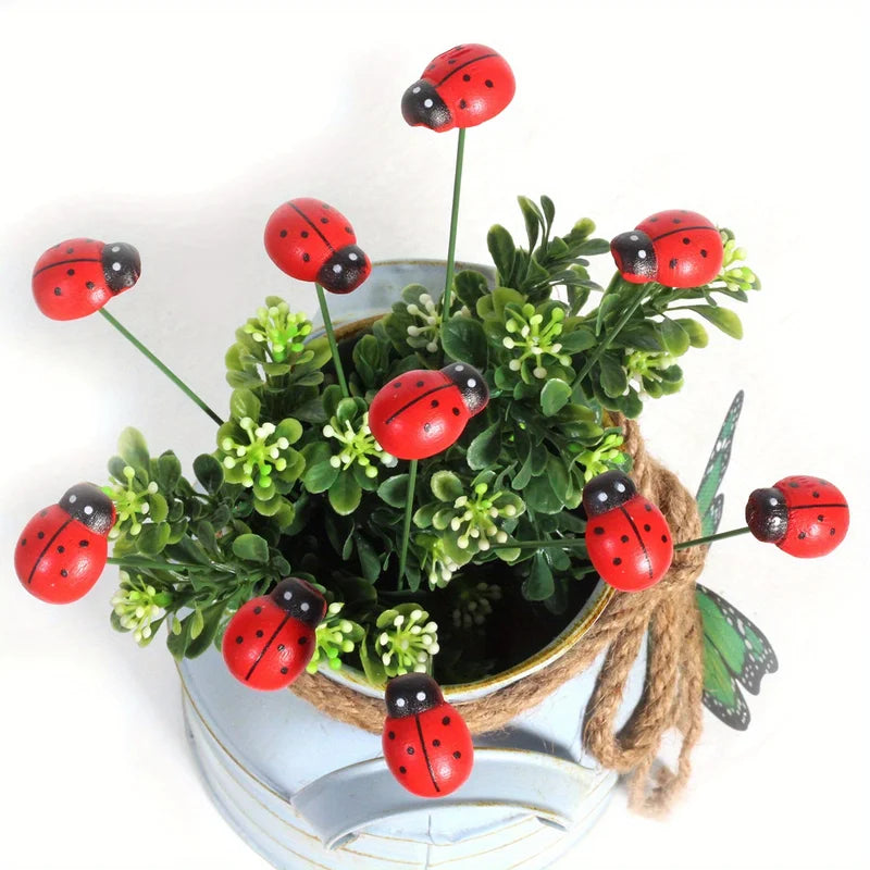Wooden Ladybug Garden Stakes Set 10pcs Outdoor Yard Decor Easter Festival