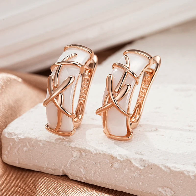 White Ceramic Drop Earrings for Women - 19x7mm Rose Gold Jewelry