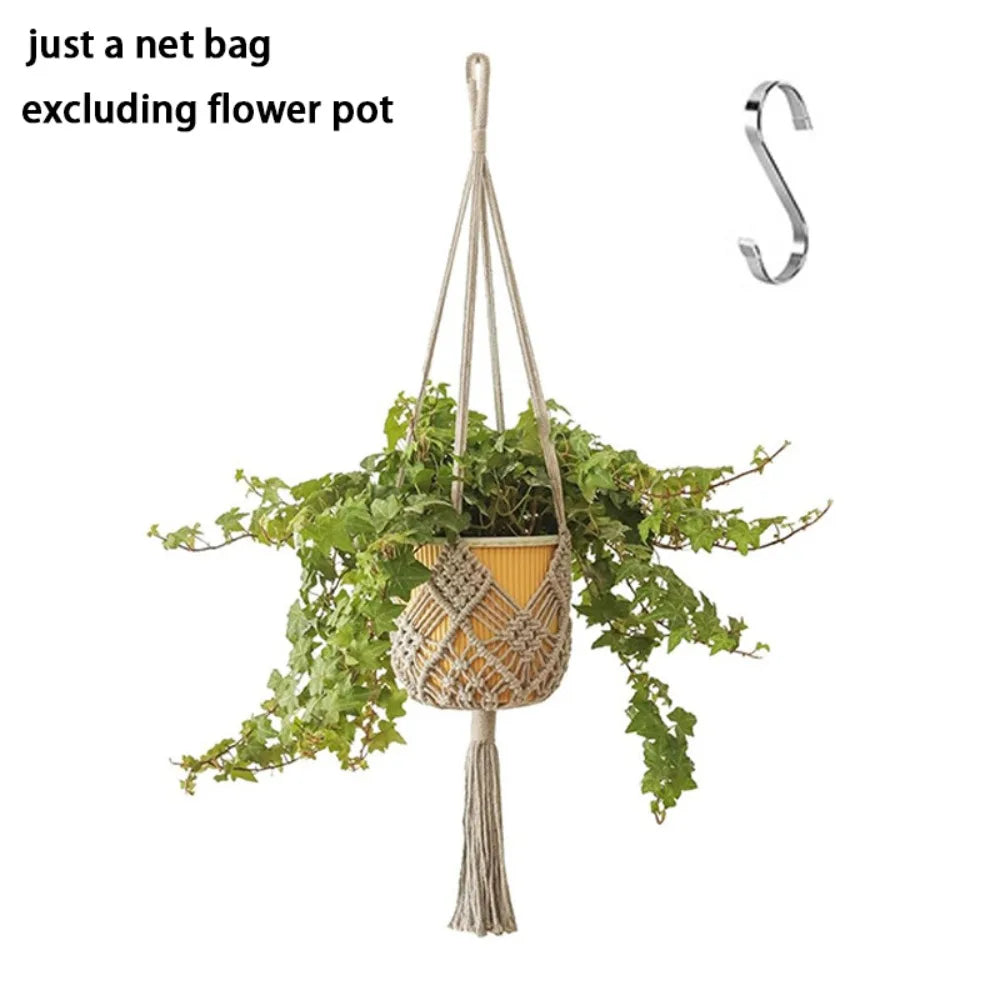 Boho Cotton Rope Plant Hanger with Net Pouch - Indoor Outdoor Hanging Basket