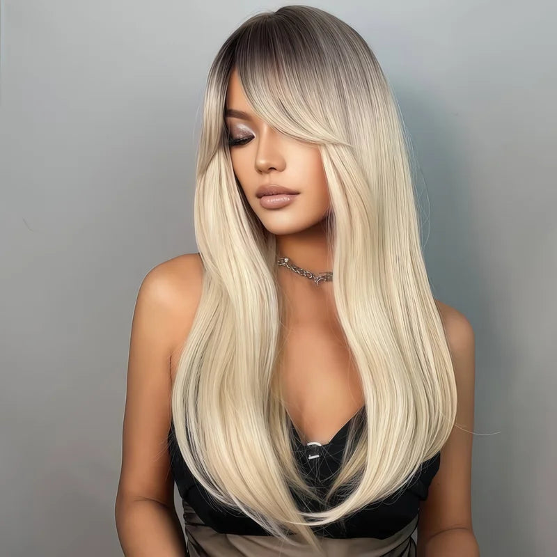 Women’s Gradient Golden Synthetic Wig Shoulder-Length Layered Straight Style