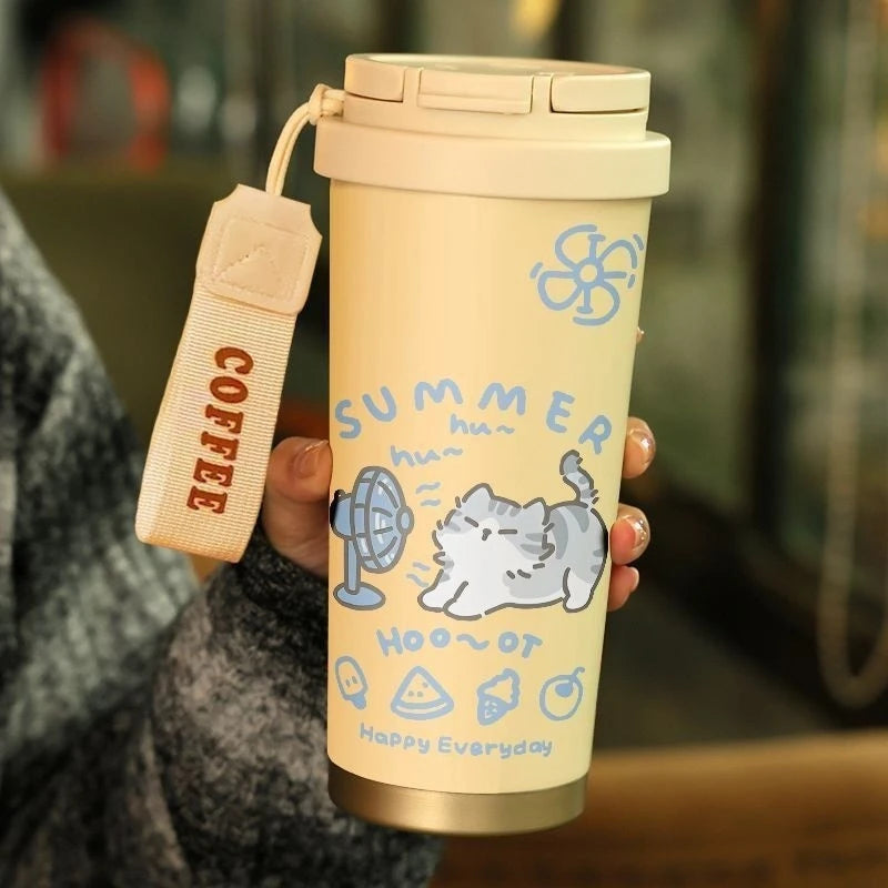 520ml Cute Cartoon Cat Insulated Stainless Steel Cup Double Wall Hot Cold Drinkware