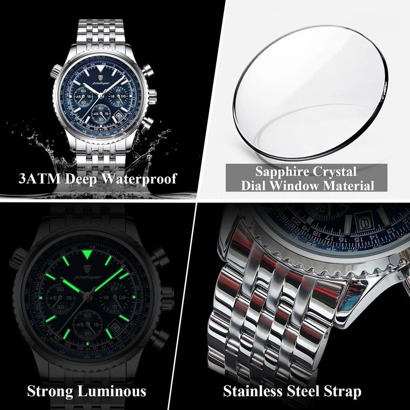 Men's Waterproof Luminous Chronograph Military Watch Stainless Steel Quartz