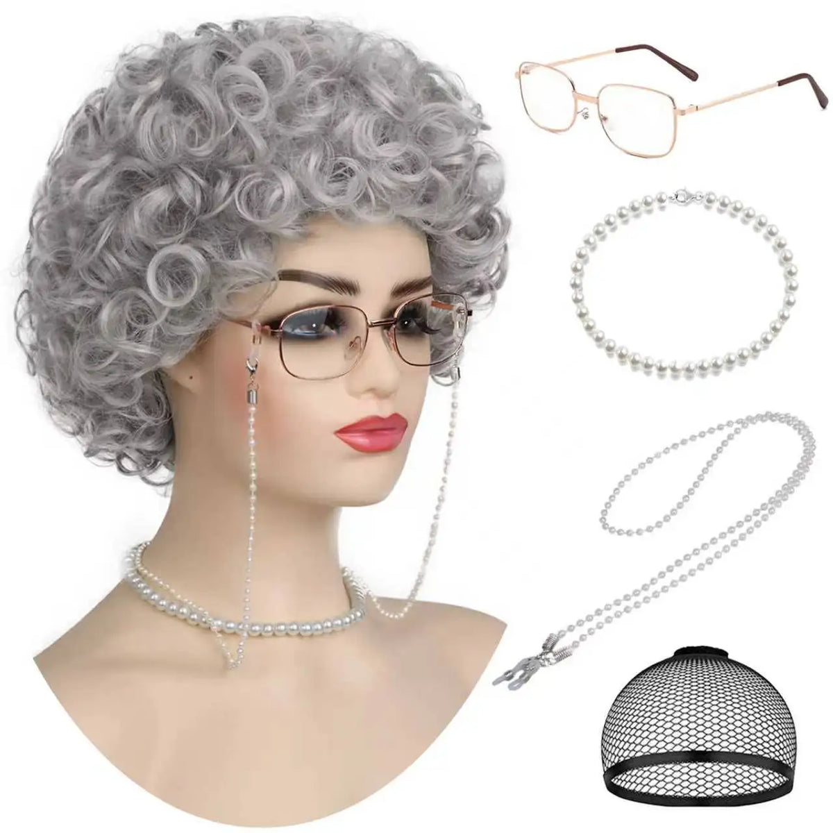 Gray Short Curly Wig Accessories 5-Piece Set for Women and Cosplay