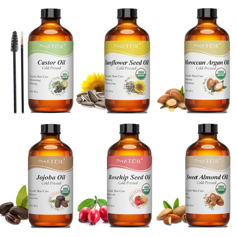 Organic Face Oil Set - Cold Pressed Carrier Oils for Skin & Hair - 118ml