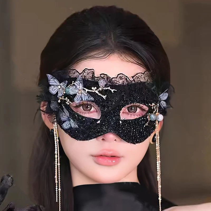 Black Lace Sequin Butterfly Mask with Pearl Tassels - Half-Face Eye Mask for Prom Party Halloween