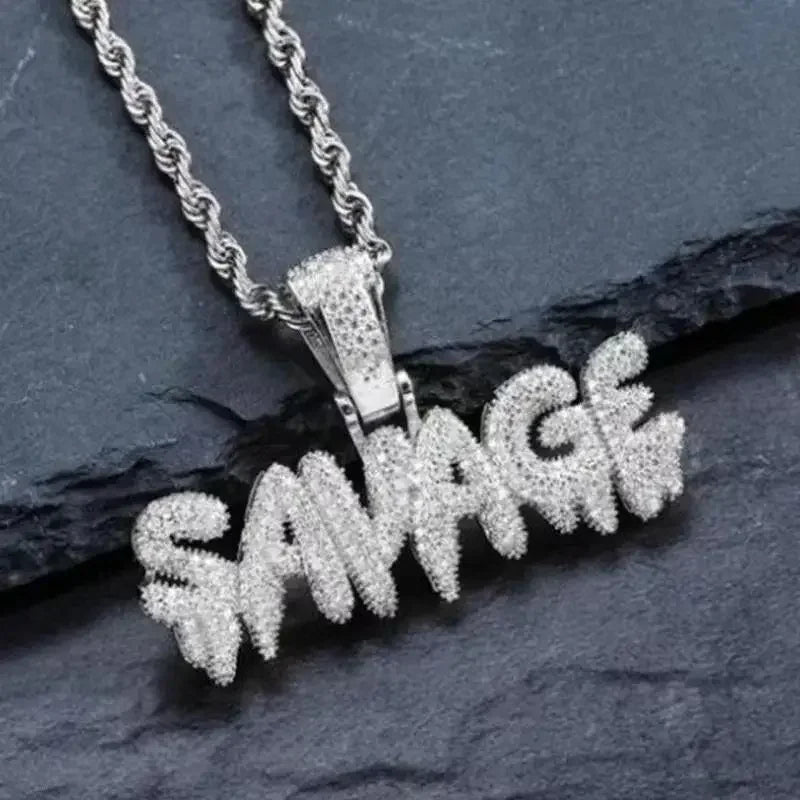 Iced Out Bling Letter SAVAGE Pendant Necklace for Men Hip Hop Rap Jewelry