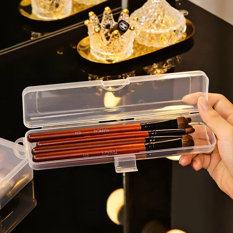 Portable Makeup Brush Organizer with Cover - Transparent Plastic Storage Box for Vanity and Travel