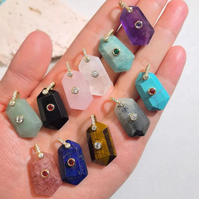 Faceted Natural Stone Pendant for Necklace Jewelry Making with Zircon Charms