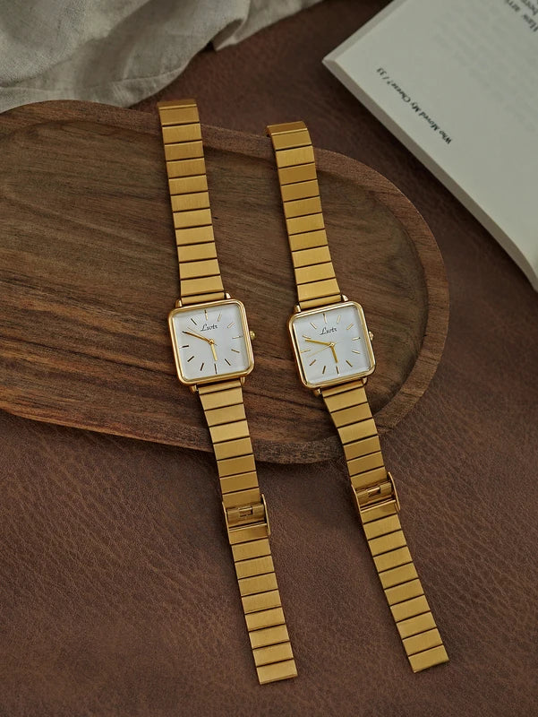 Women’s Retro Gold, Silver & Pink Quartz Watch with Stainless Steel Strap - Waterproof Casual Elegant Square Dial