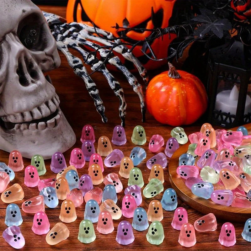 Mini Luminous Ghost Ornaments Halloween Decorations 50/100pcs Resin Kids Toys Home Party Decor