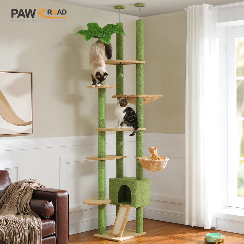 Adjustable Floor-to-Ceiling Cat Tree Tower with Cactus Design, Condo, Hammock & Scratching Post