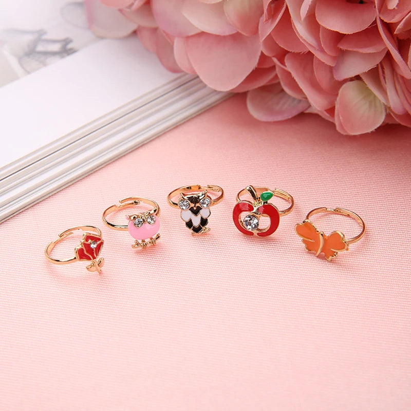 Kids Adjustable Animal Jewelry Rings Set - Cartoon Crystal Open Finger Rings for Children & Girls
