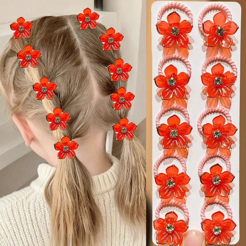 Girls Elastic Hair Bands with Rhinestone and Flower Decorations - Durable & High Elasticity Hair Ties for Braid and Ponytail
