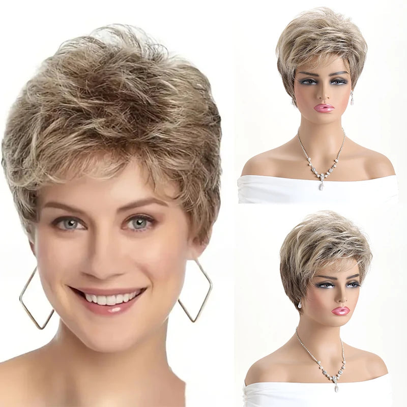 Short Grey Ombre Curly Synthetic Wig with Bangs for Women - Costume & Daily Use
