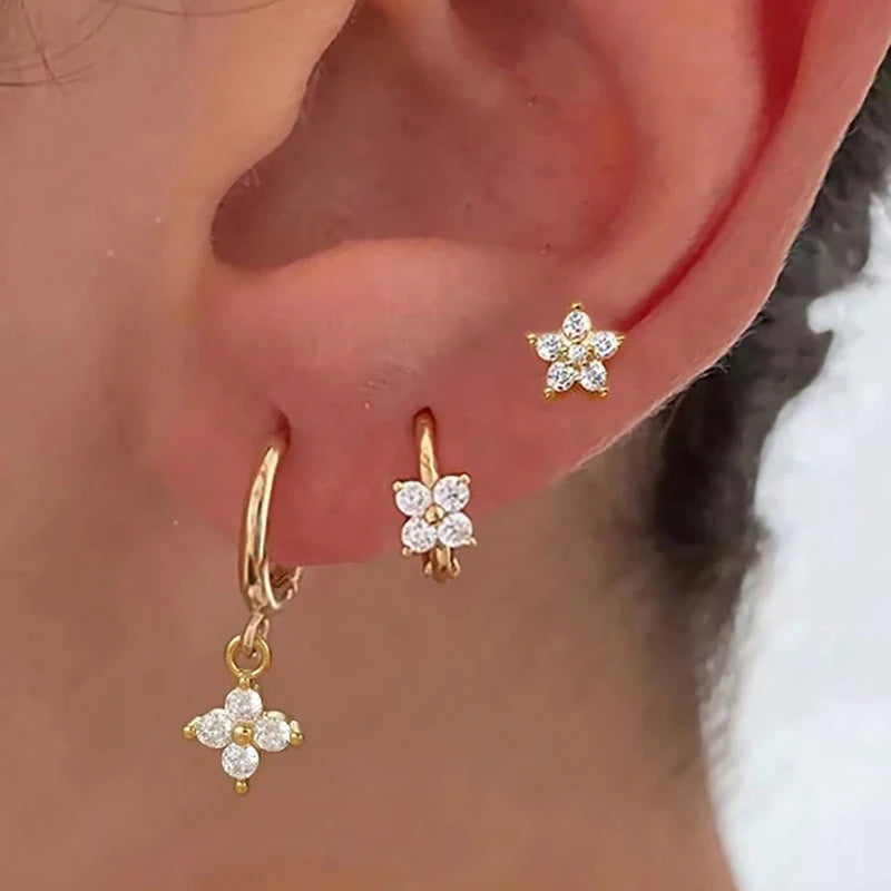 3PCS Stainless Steel Zircon Flower Earring Set for Women Hypoallergenic Jewelry