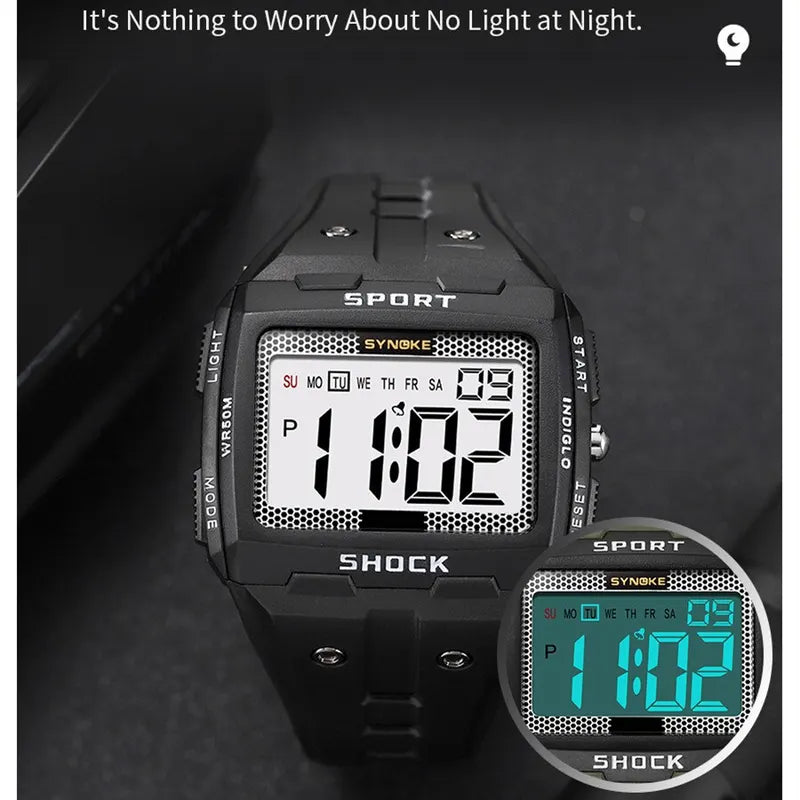 Men's Sports Electronic Waterproof Square Watch with Large Screen for Outdoor Activities