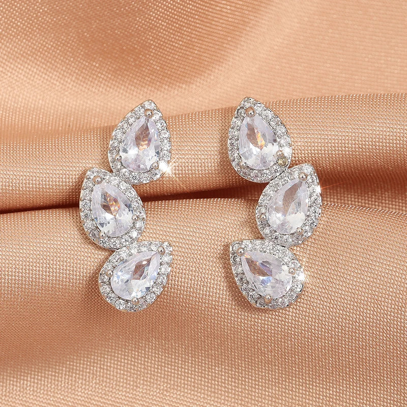 Luxury Zircon Leaf Stud Earrings for Women - Crystal Water Drop Ear Jewelry
