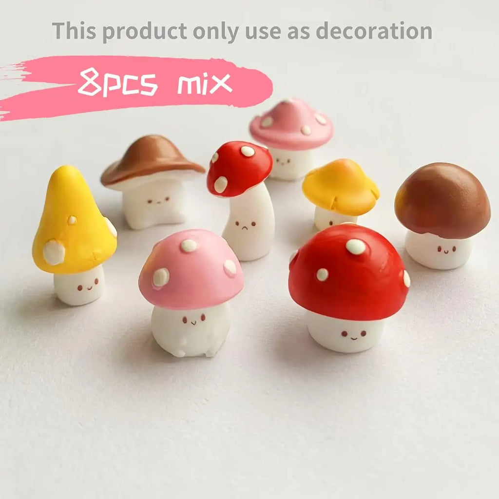8 Pieces Decorative Mini Emoji Mushroom Resin Statues for Garden & Holiday Decor