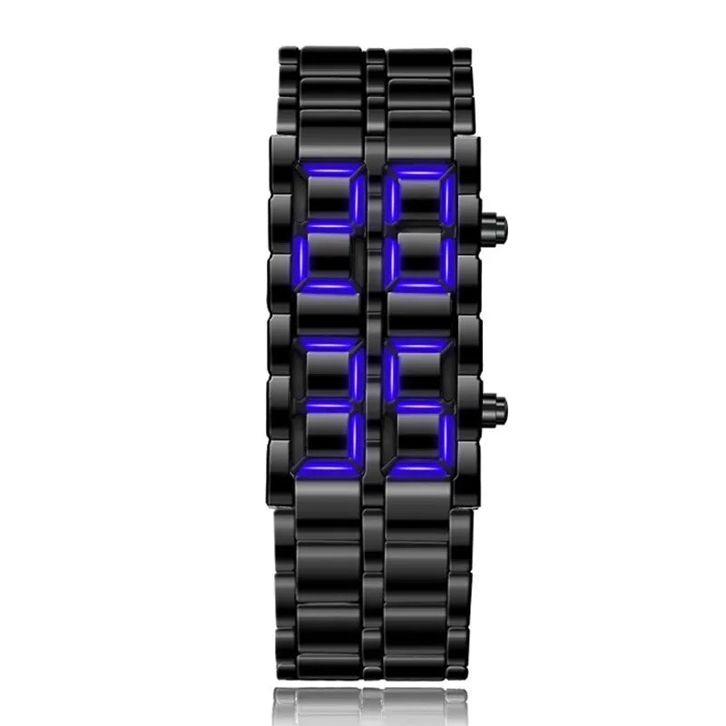 Digital LED Wrist Watch for Men - Full Metal Lava Design, Blue Display, Alarm