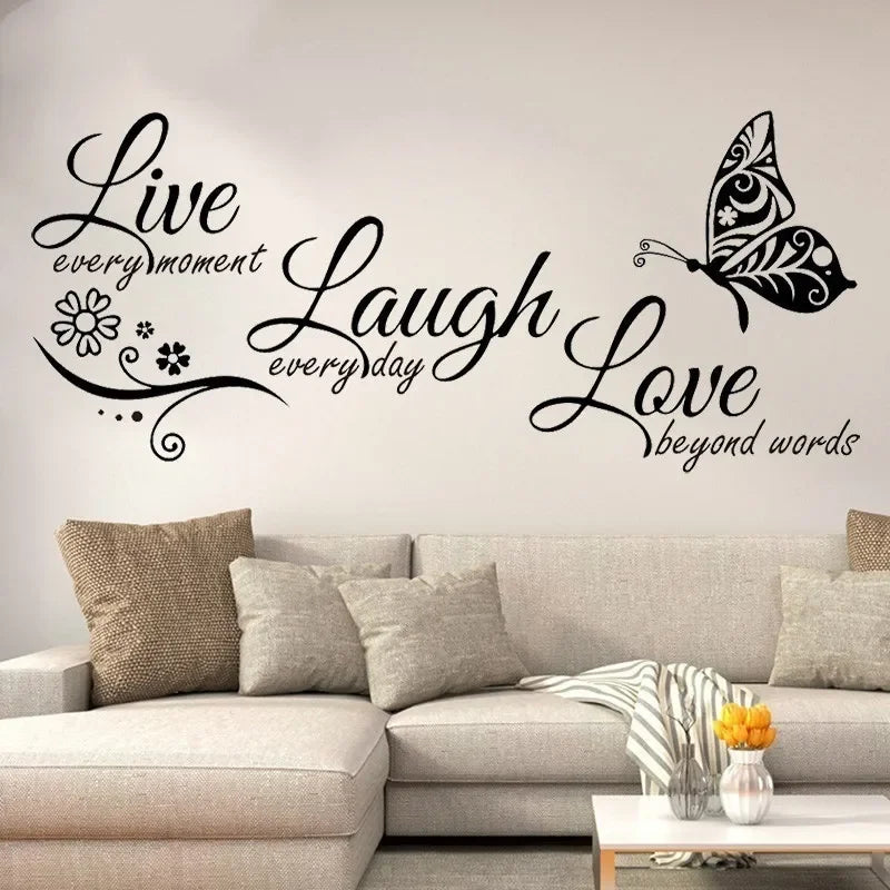 Live Laugh Love Butterfly Flower Wall Decals - Modern Quotes Vinyl Sticker for Home Decor