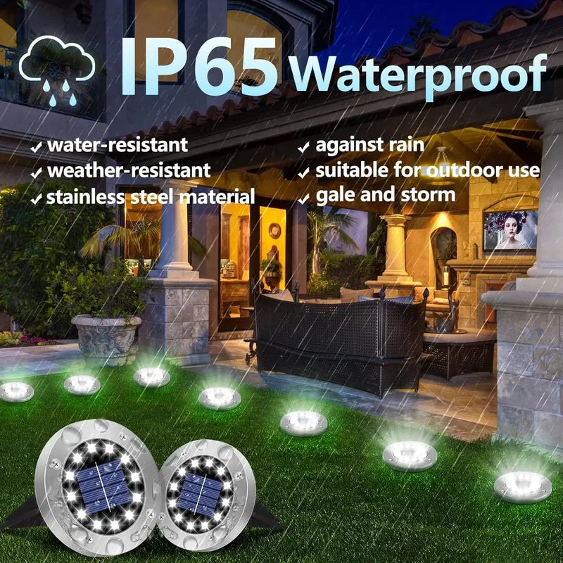 Solar Ground Lights Outdoor Waterproof Garden Pathway Disk Lights - 12 LED Yard Decor