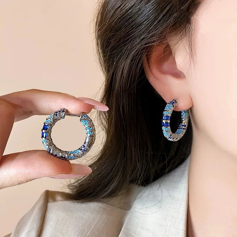 Vintage Enamel Ethnic Style Patterned Hoop Earrings for Women Light Luxury Party Jewelry