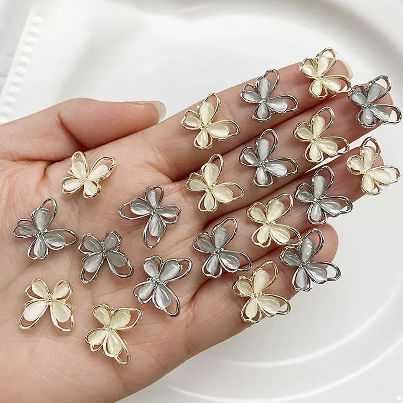 Crystal Butterfly Nail Charms 3D Hollow Cat's Eye Alloy Nail Gems Set
