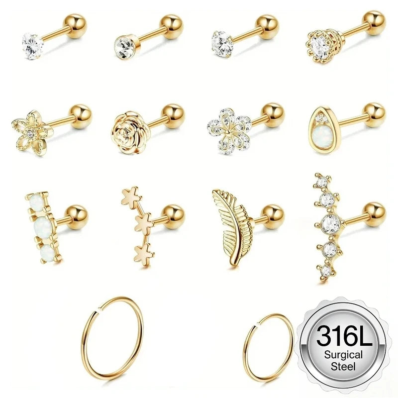 Stainless Steel Cartilage Earrings Set - Helix Hoop Studs with Opal & Shiny CZ