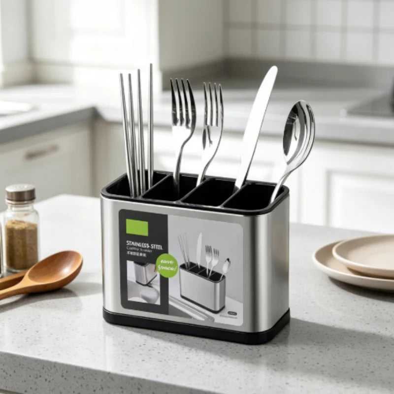 Stainless Steel Kitchen Utensil Caddy Organizer with Drain Holes and Non‑Slip Base