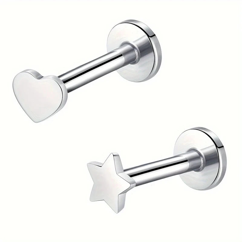 2pcs Stainless Steel Body Piercing Jewelry Star Heart Moon Lip & Nose Studs