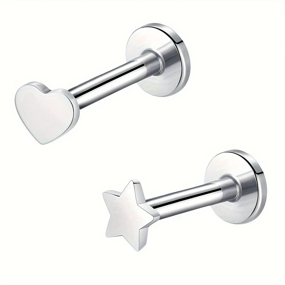 2pcs Stainless Steel Body Piercing Jewelry Star Heart Moon Lip & Nose Studs