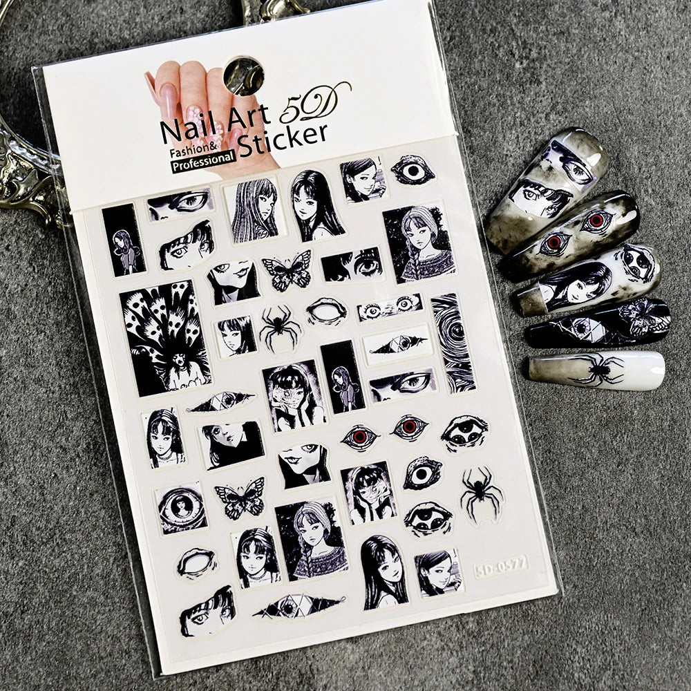 Halloween Girl Nail Stickers - 5D Embossed Anime Horror Nail Decals