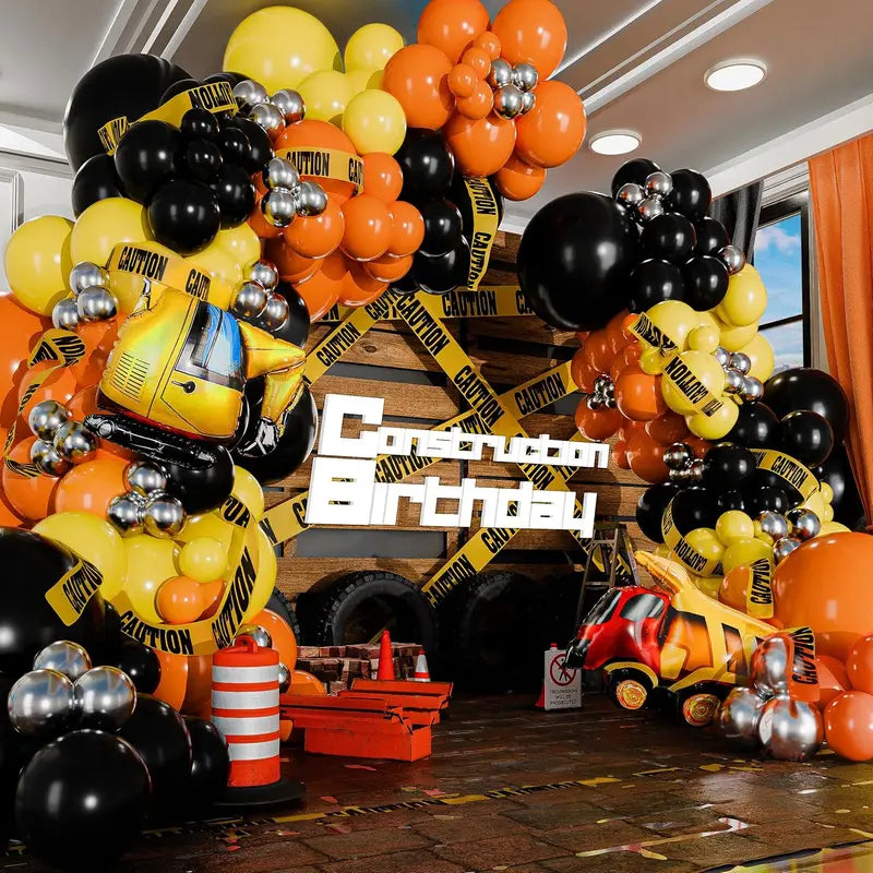 Construction Balloon Arch Kit for Birthdays and Events, Orange Black Yellow Latex Balloons