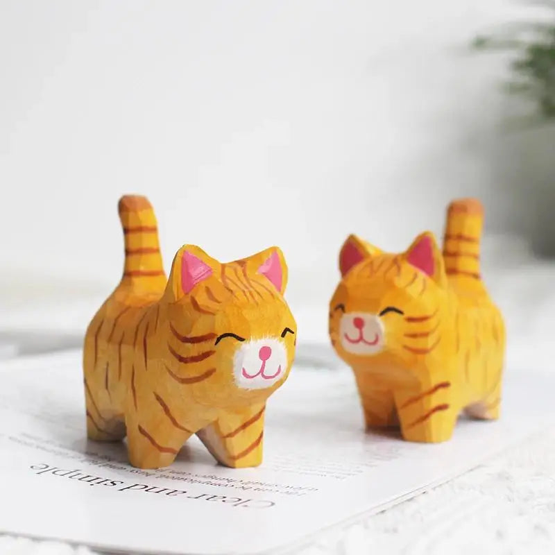 Wood Carving Kitten Ornament - Handmade Small Animal Desktop Decoration