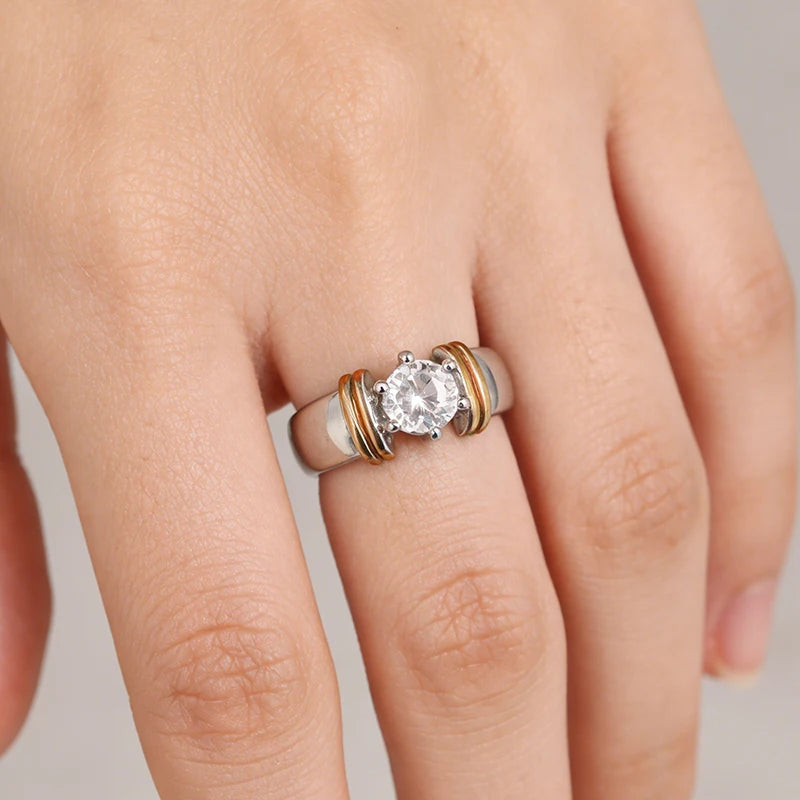 Two-Tone Cubic Zirconia Engagement Ring for Women - Elegant Wedding Jewelry